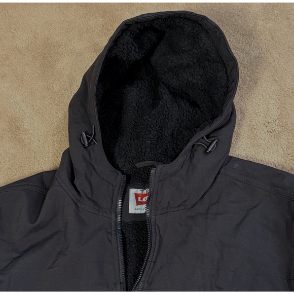 Vtg Levis Sherpa Lined Jacket Hooded Waterproof Mens XL Black Trucker Work - Picture 5 of 9